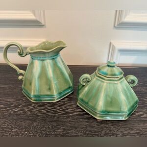 Anthropologie Green Celadon Glazed Ceramic Octagonal Creamer & Lidded Sugar Pot
